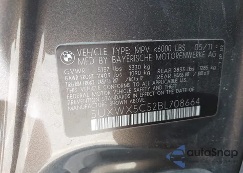 2011 BMW X3 xDrive28I из США, поврежденный, VIN 5UXWX5C52BL708664